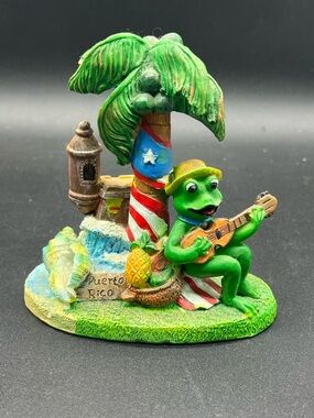 Puerto Rico Coqui Frog Figurine Guitar Palm Tree Souvenir Tropical Decor